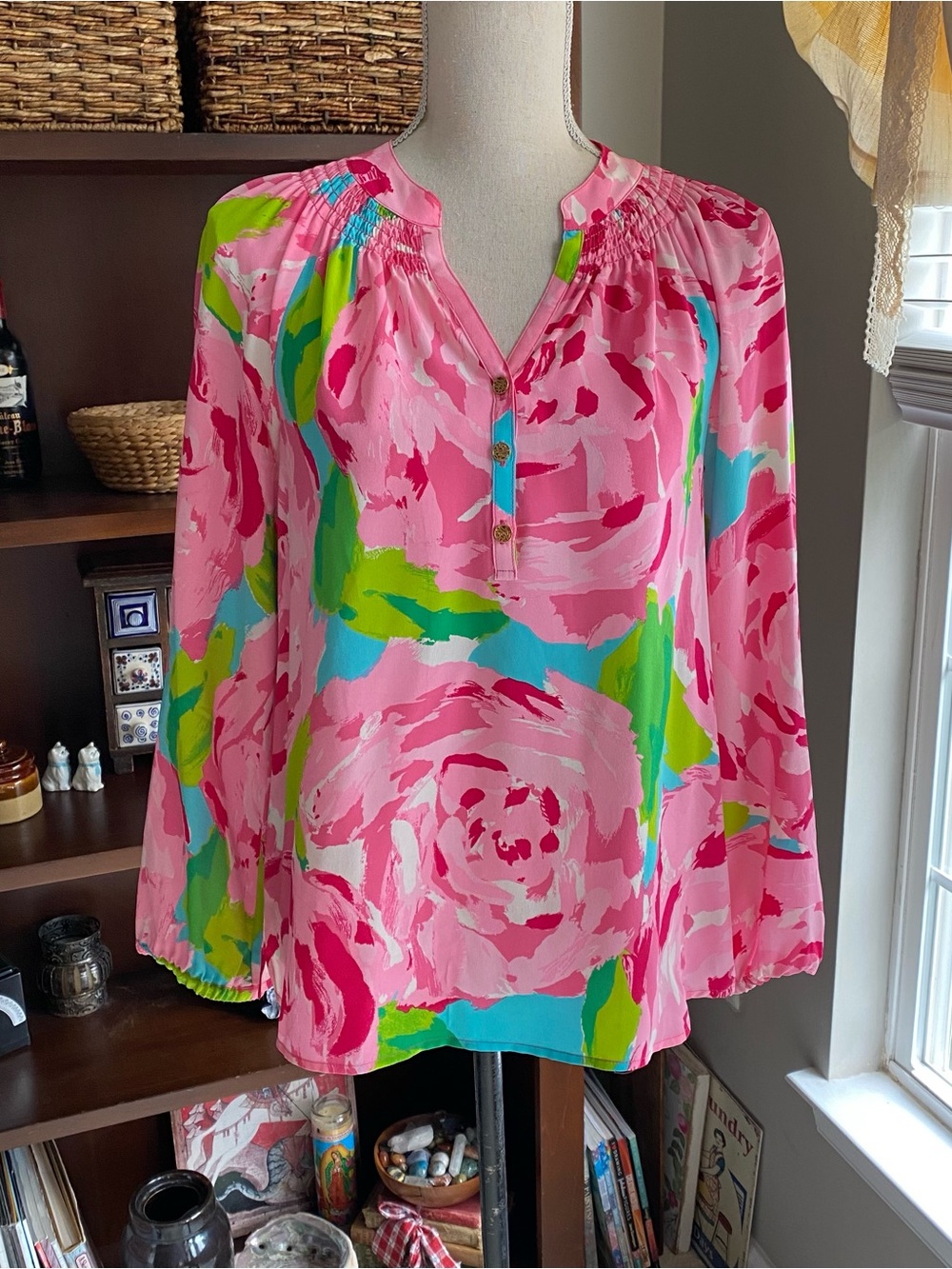 Lilly Pulitzer 100% Silk Pink Floral Long-Sleeve Women's Blouse EUC